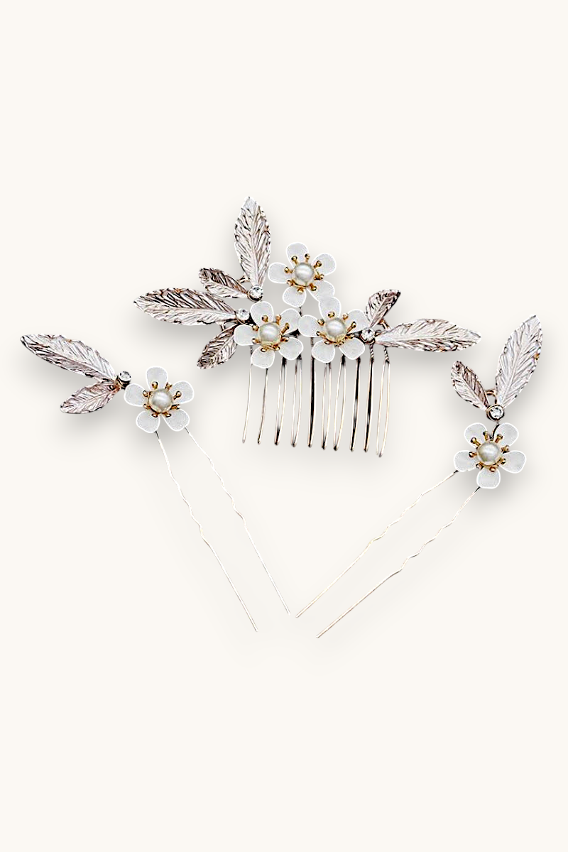 Papuošalų rinkinys. Vestuvinė plaukų sagė ir smeigtukai "Rose gold flower set"