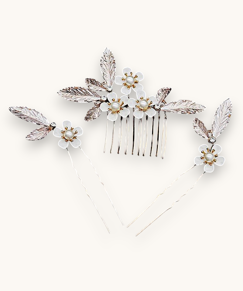 Papuošalų rinkinys. Vestuvinė plaukų sagė ir smeigtukai "Rose gold flower set"