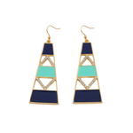 Luxiage gold-tone geometric drop earrings with navy blue and turquoise enamel accents and crystal details.