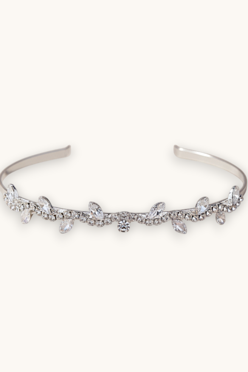Luxiage silver headband adorned with crystal leaves, perfect for special occasions and bridal hairstyles.