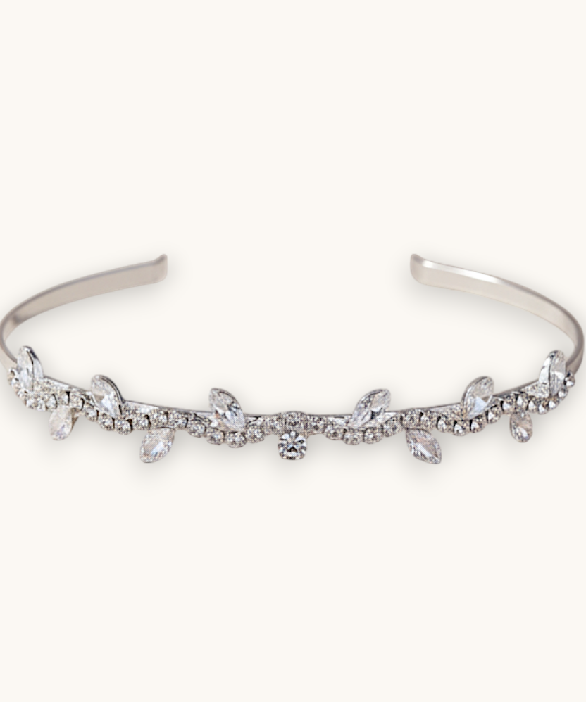 Luxiage silver headband adorned with crystal leaves, perfect for special occasions and bridal hairstyles.
