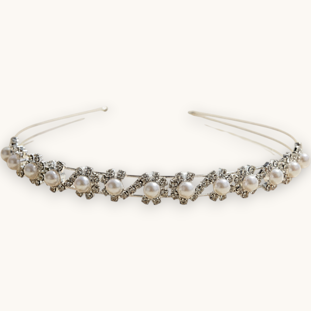 Luxiage silver headband with pearls and rhinestones, elegant wavy design for special occasions.